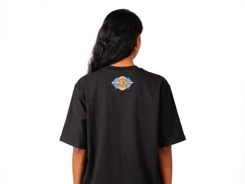 Back of black Ethereal Bloom T-shirt with small upper-back artwork