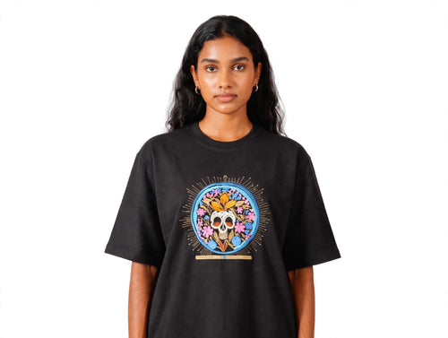 Front of black Ethereal Bloom embroidered T-shirt showing floral skull artwork